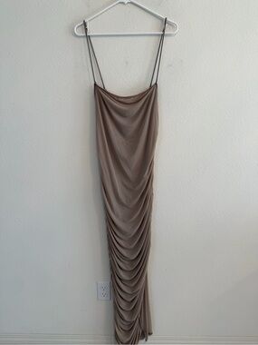 Ruched Taupe Maxi Slip Dress with Spaghetti Straps